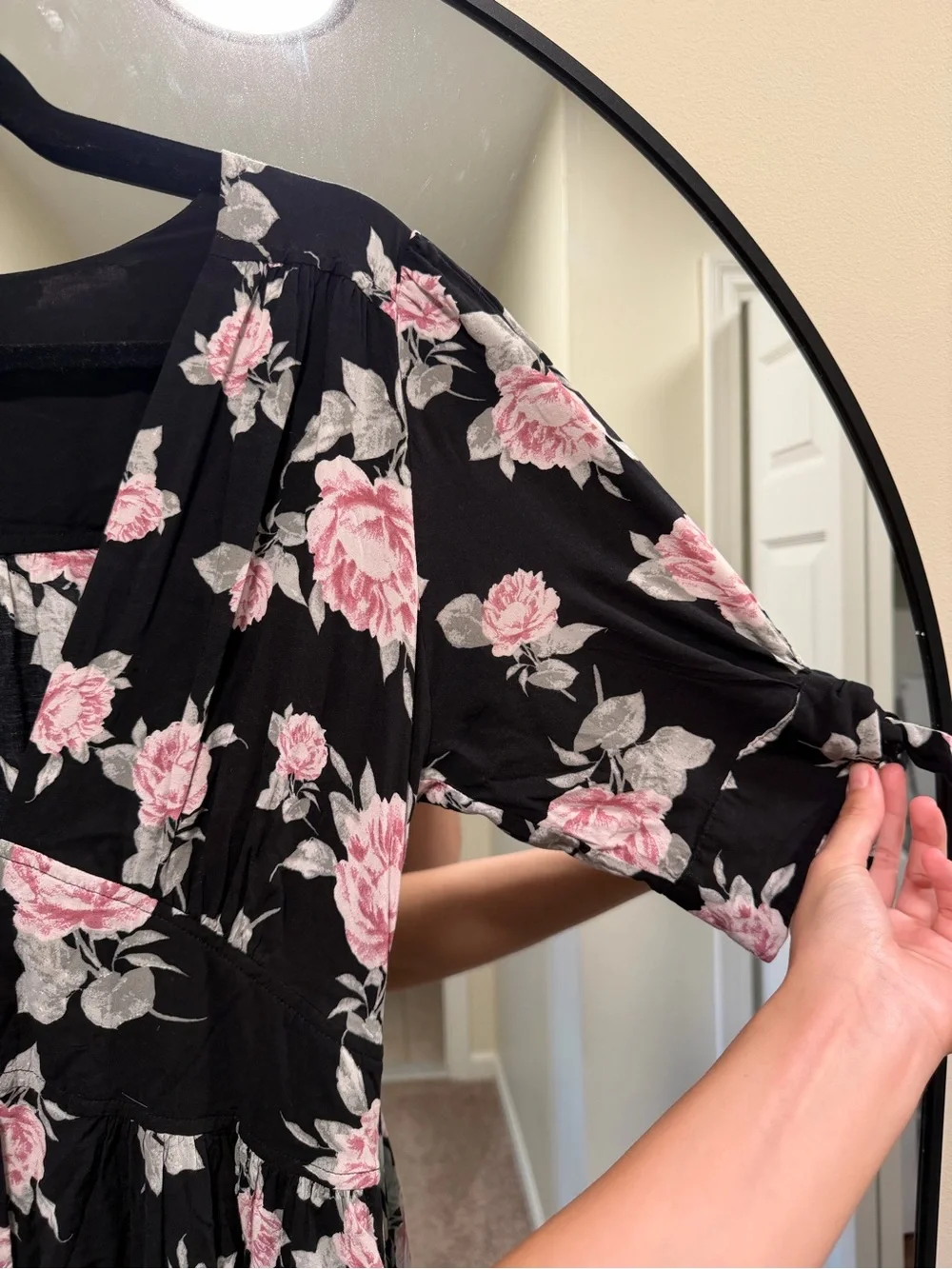 Free People Black Pink Rose Floral Button Front Maxi Dress Tie Sleeve